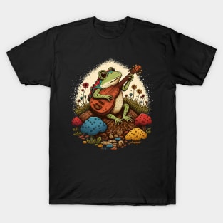 Cottagecore aesthetic cute frog playing ukelele on Mushroom T-Shirt